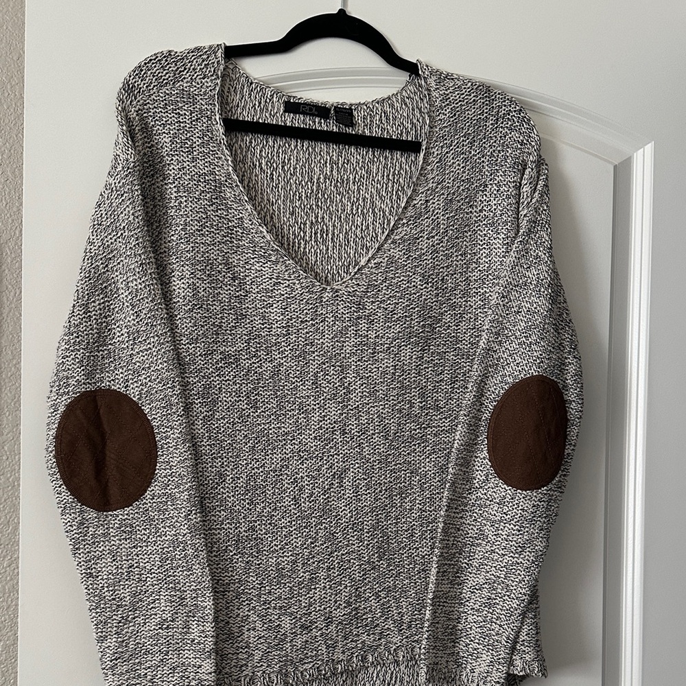 RDI Gray V-Neck Sweater with Brown Elbow Patches NWOT
